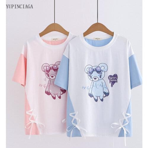Harajuku Kawaii Cartoon Bear Print Hem Lace Short Sleeve 2021 Summer Patchwork T-shirt Women O-Neck Sweet Tops Tee For Girls