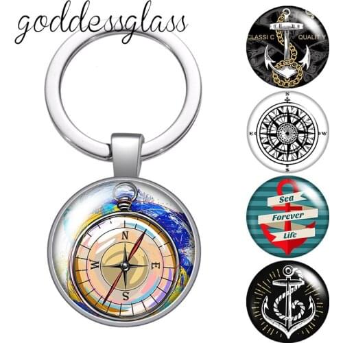 Compass Rudder anchor navigation lighthouse glass cabochon keychain Bag Car key chain Ring Holder Charms keychains for Gifts