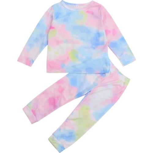 2 Pieces Kids Suit Set, Tie-Dyed Round Neck Long Sleeve Pullover+ Long Pants for Toddler Girls, 1-7 Years