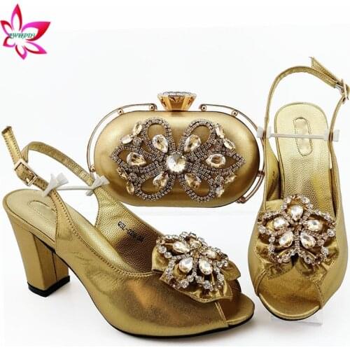 Mature African Matching Shoes and Bag Set in Gold Color New Arrivals Slingbacks Sandals For Wedding Ladies Shoes with Bag