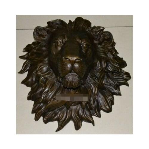 Brass crafts Asian Exquisite huge Lion head flat copper sculpture statue art hanging wall H"18.1