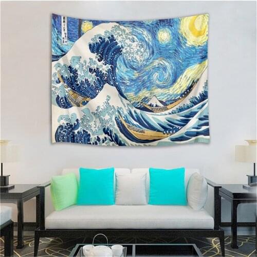 LB Starry Night and Kanagawa Great Wave Tapestry Fuji Mountain Painting Style Japanese Artistic Nature Home Decorations