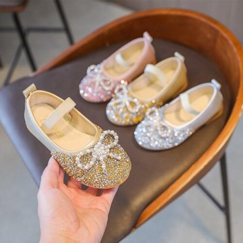Fashion Girls Sequined Leather shoes 2021 Autumn Bow Rhinestones Princess Shoes Kids Soft Bottom Single Shoes G203