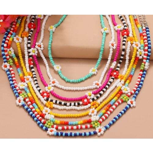FNIO Trendy Bead Strand Beaded Choker Necklace For Women Bohemian Colorful Handmade Short Daisy Pearl Necklace Collar Jewelry