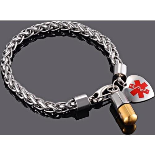 Waterproof Personalized Medical ID Alert Men Stainless Steel ID Tags Bracelet Pill Cylinder Holder TYPE 1 Diabetes Disease