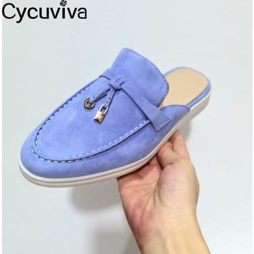 Kid Suede Platform Half Slippers Women Metal Lock Mules Flat Summer Walker Shoes Sandalias Slip On Beach Shoes For Women 2021