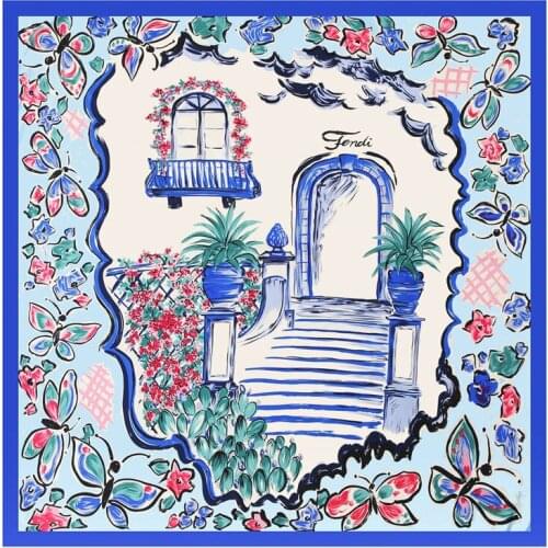 2018 new Fashion Silk Scarf Women Garden graffiti Print Square Towel Scarf Soft Twill 100% Silk Spring Shawl 130x130cm headscarf