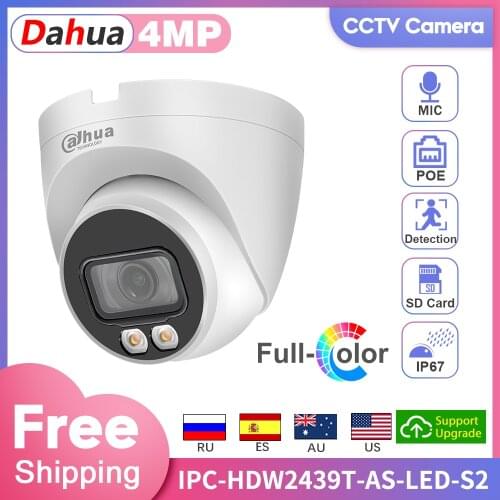 Original Dahua IP Camera 4MP Night Vision Full-Color IPC-HDW2439T-AS-LED-S2 Baby Monitor POE Built-in Mic SD Card IP67 IVS H.265