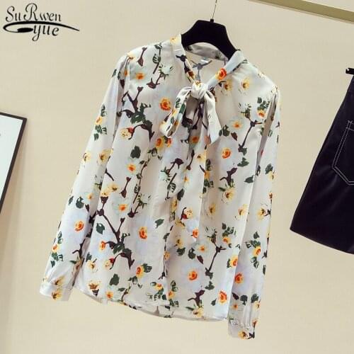 Autumn New Womens Shirt Floral Long Sleeve Korean Style Printed Chiffon Blouse Casual Lace Up Bottoming Shirt Cardigan 11154