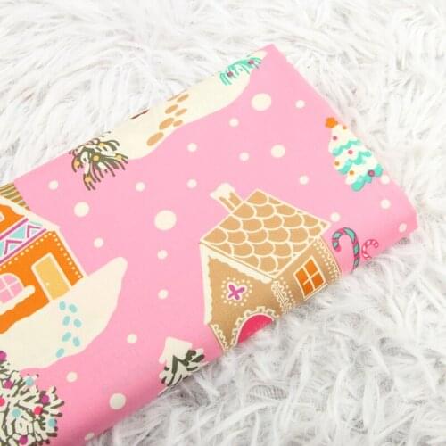 Half Meter 100% Cotton Poplin Fabric With Christmas House Tree Print handmade DIY Bag Garment Dress Cloth CR-784