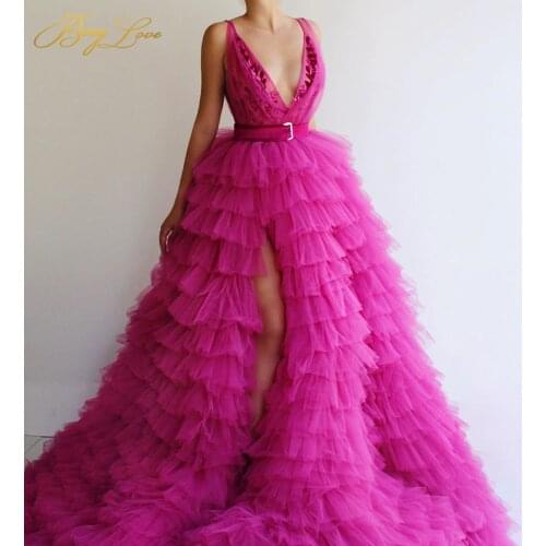 Puffy Prom Dresses Appliques V Neck Sleeveless High Split Evening Dresses Belt Floor Length Robe de soiree Vestidos