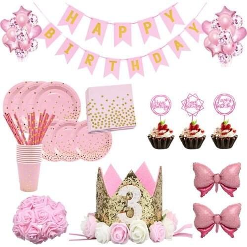 Pink Birthday Tableware Set Paper Plates Cup Napkin Baby 1st Birthday Party Decor Baby Shower Balloon