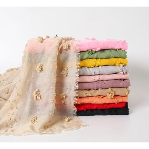 Tassel Cotton Scarf Shawls Female Large Size Pom Pom Fringed Scarves New arrival Muslim Women Hijabs Solid Color Head Wraps 1PC