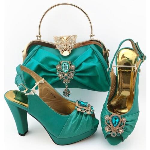 Dark Green Women Matching Shoes and Bag Set Office Lady Shoes and Bag Mature Style Shoes for Party with Shinng Crystal