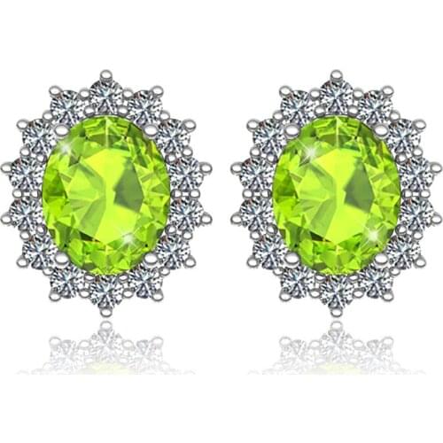 Green Peridot Silver Earrings For Women Gemstones Olive Earrings Stud With Diamond Oval Boho Party Female Costume Accessories