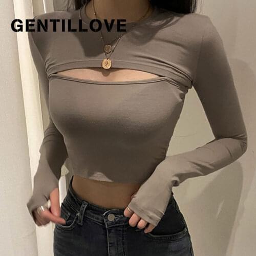 Sexy Long Sleeve Lady T Shirt Solid O Neck Blouse Autumn Women Hollow Out Slim Crop Tops Bar Club Streetwear Party Clothes