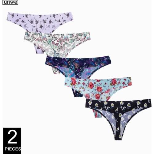 2 Pcs EU XS-XL Sexy Printed Ladies Seamless Thong Girl Floral Mid Waist G-string Underwear One-piece Briefs