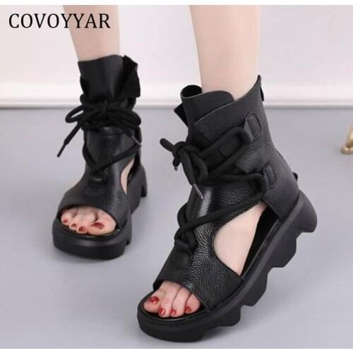 COVOYYAR Woman Sandals 2021 Genuine Leather Wedges Platform Shoes for Women Heels Cross Straps Gladiator Shoes WSS4026