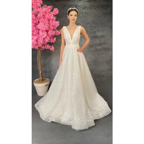 Womens White Silvery Lace A-Line Wedding Dress V - Neck luxury wedding dress tailor made quality fabric bridal bride