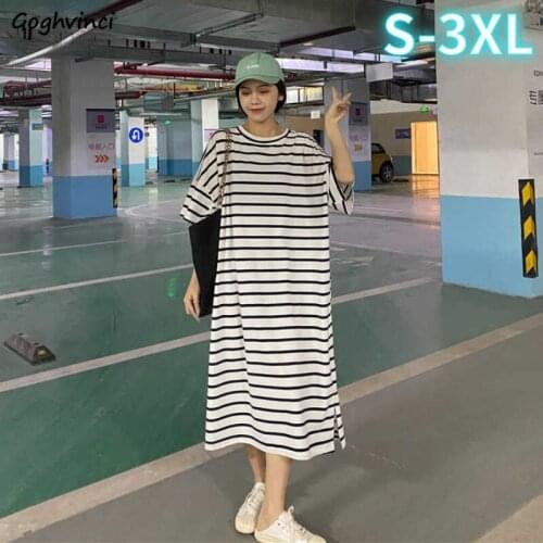 Short Sleeve Dress Women Plus Size S-3XL Leisure Cozy Simple Basic Striped Preppy Style Clothing Students Midi Sundress Chic BF