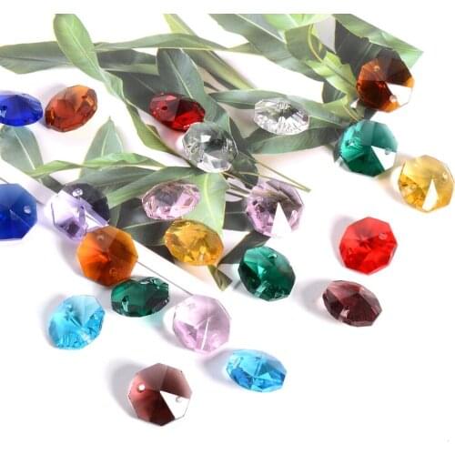 Camal 30pcs Multicolor 14mm Crystal Octagon Beads 2 holes Prisms Loose Beads Chandelier Hanging Garland Lamp Part Home Decor