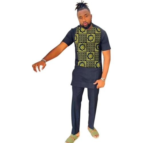 Black Cotton Mens Garments Short Sleeve Tops+Pant African Festival Male Suits Wedding Party Wear Customized