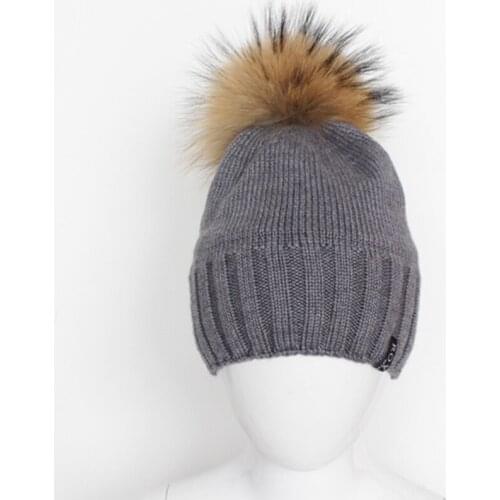 3-7 Years Cotton/Wool Blend Kids Winter Beanie Hat with Detachable Raccoon Fur Pompom 6 cColors for Boys