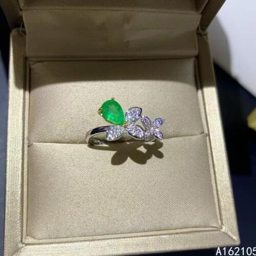 925 pure silver Chinese style natural Emerald womens luxury elegant water drop plant open gem ring fine jewelry support detecti