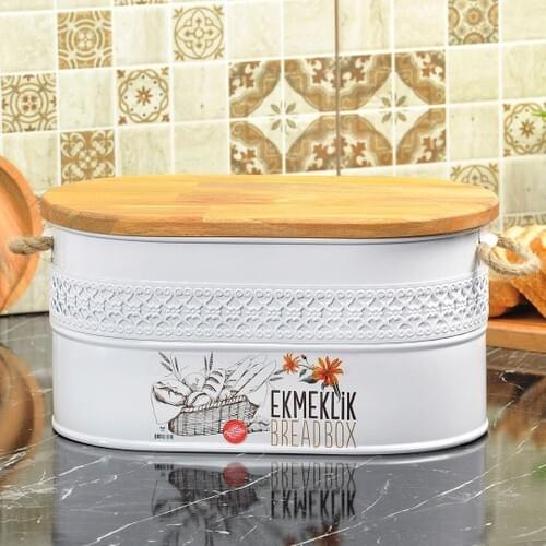 Yildiray Metal Wrought Iron With Wooden Lid Bread Cutting Tahtalı Breadstuff Storage Container White