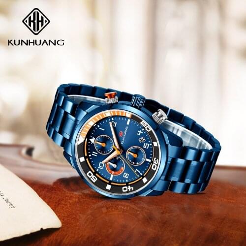KUNHUANG Mens Watches Fashion Brand Sports Military Chronograph Date Calendar Watches Waterproof Stainless Steel Wristwatch Man