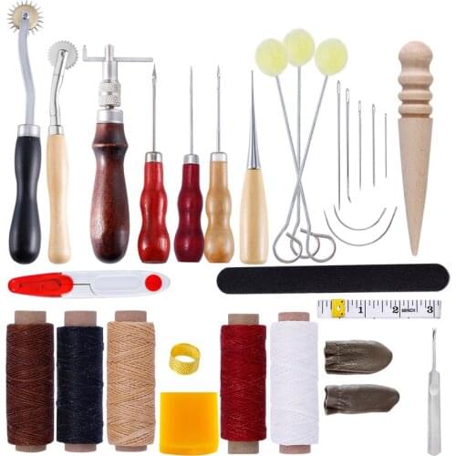 30PCS Leathercraft Tool Sets Hand Stitching Sewing Leather Craft Tool Sewing Saddle Groover Punch Tools Kit Wood Metal