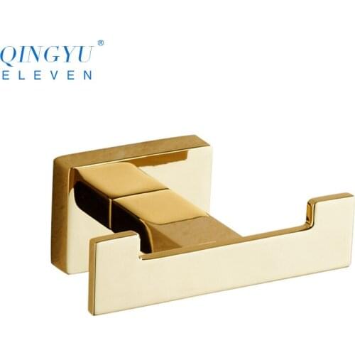QINGYU ELEVEN Luxury Gold Hooks 304 Stainless Steel Bathroom Kitchen Double head Hook Wall-Mounted Clothes Robe Hook