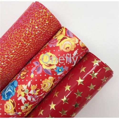 Onefly 21X29CM Flowers Printed Synthetic Leather, Gold Stars Embossed Faux Leather Sheets For Bow DIY handbags shoes AQ042