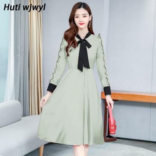 Autumn Winter Vintage Bodycon Midi Dress Plus Size Casual Boho Chiffon Dresses 2021 Elegant Women Party Long Sleeve Bow Vestidos