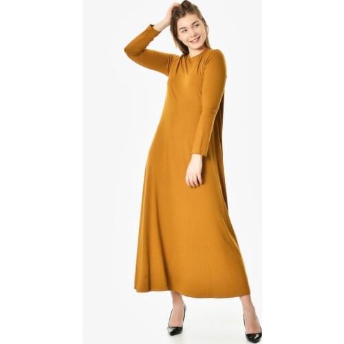 Sleeve-Long Combed Cotton Dress-Camel