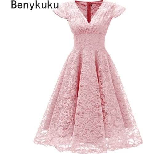 Pink Red Elegant Bridesmaids Gown Women Vintage Robe Lace Dress Retro V Neck Ladies Party Gowns Formal Dress Vestido De Mujer