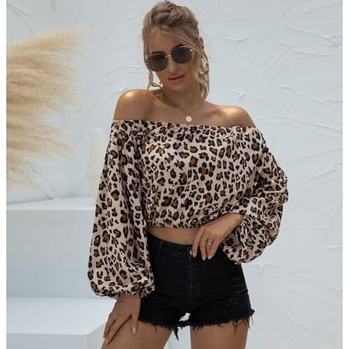 Sexy Off-The-Shoulder Leopard Chiffon Womens Summer 2021 Casual High-Waisted Off-The-Shoulder With a Short Neck
