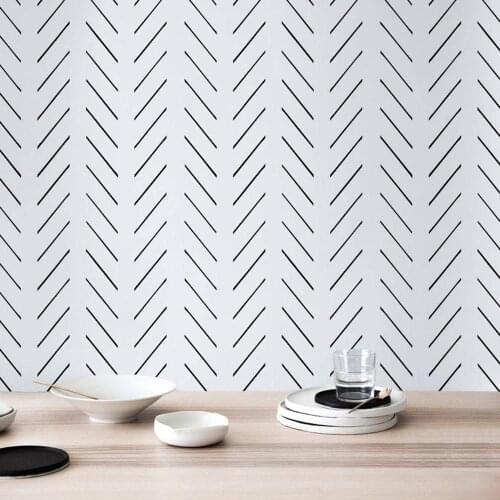 Modern delicate herringbone wallpaper in black and white, Scandinavian design, removable wallpaper