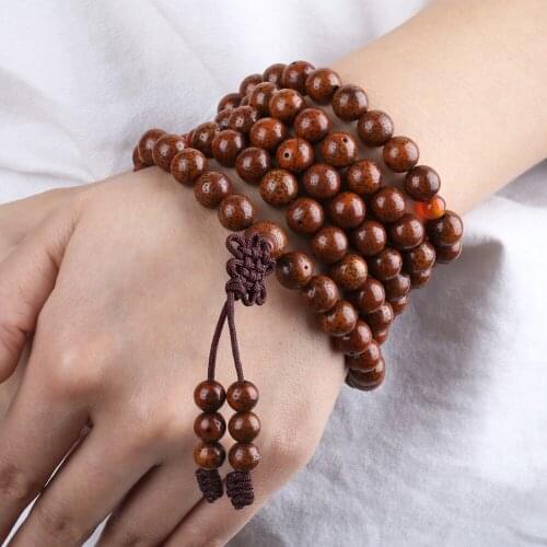 SUNYIK 108 Tibetan Buddhist Mala Bracelet Brown Daemonorops Seeds Beaded 9mm Prayer Bead for Meditation