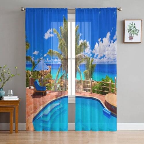 Tropical Beach Swimming Pool Tulle Curtains for Living Room Decoration Modern Chiffon Sheer Voile Kitchen Curtain