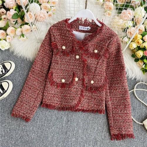 Womens New Plaid Jacket Ladies' Temperament Senior Red French Little Fragrance Coat Tweed Braided Tassel Short Jacket Women