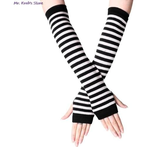 Women Lady Sunscreen Striped Elbow Gloves Warmer Knitted Long Fingerless Gloves