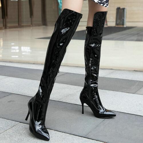Patent PU Leather Women Over the Knee Boots Fashion Pointed Toe Thin High Heel Women Long Boots Sexy Ladies Autumn Winter Shoes