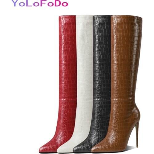 Stone Pattern Faux Leather Women Knee High Boots Brand Design Women Thin High Heel Shoes Fashion Pointed Toe Zipper Boots Female