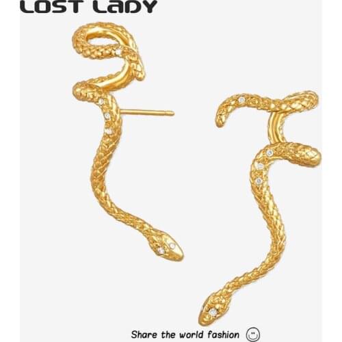 Lost Lady New Fashion rhinestone Snake Stud Earrings Gold Color Alloy Earrings Wholesale Jewelry Accessories Party Wedding Gifts