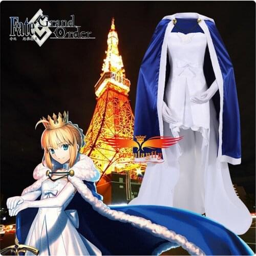 FGO Cos FGO under the same sky Altria Pendragon Saber Cosplay Costume Outfit for Women Victoria High Low Dress Crown Halloween
