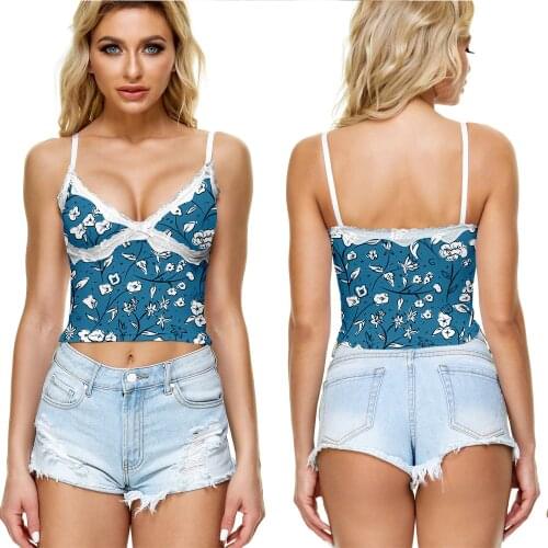 Floral Pattern Camisole 3D Print Flower Sleeveless Backless Sexy V-Neck Lace Suspender Tank Crop Top Women Girl 2021 Summer New