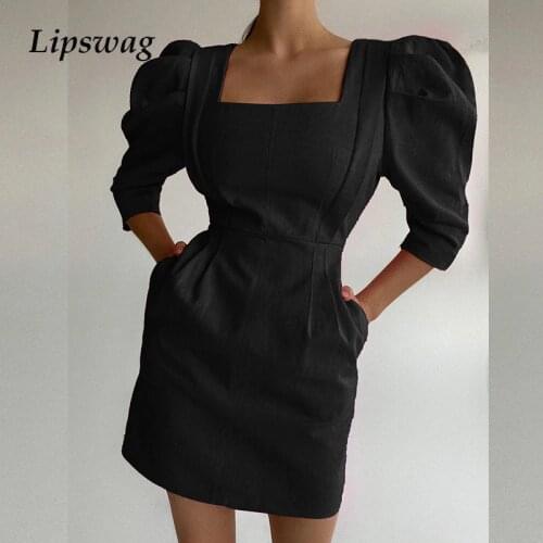 Summer New Elegant Bubble Seventh Sleeve Solid Party Dress Fashion Square Neck Women Cotton Linen Mini Dress Pocket Lady Dress
