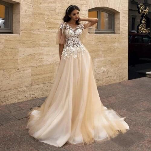 Charming Champagne Wedding Dresses 2021 Ivory Lace Appliques Ruffles Sleeves Bride Vintage V Neck Back Sweep Train Wedding GownS