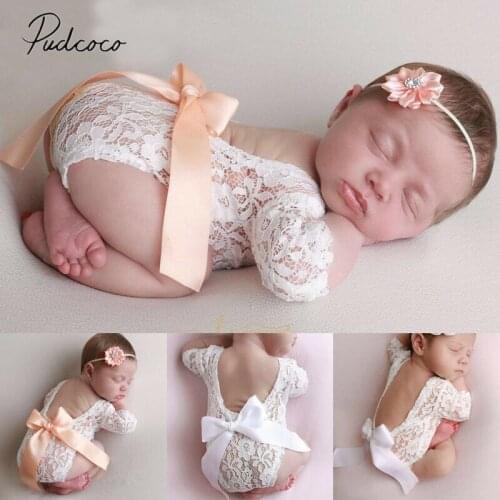 2019 Baby Accessories Newborn Lace Romper Photo Clothing Bow lace Hair Band Set Photography Props Backless Bodysuits +Headband